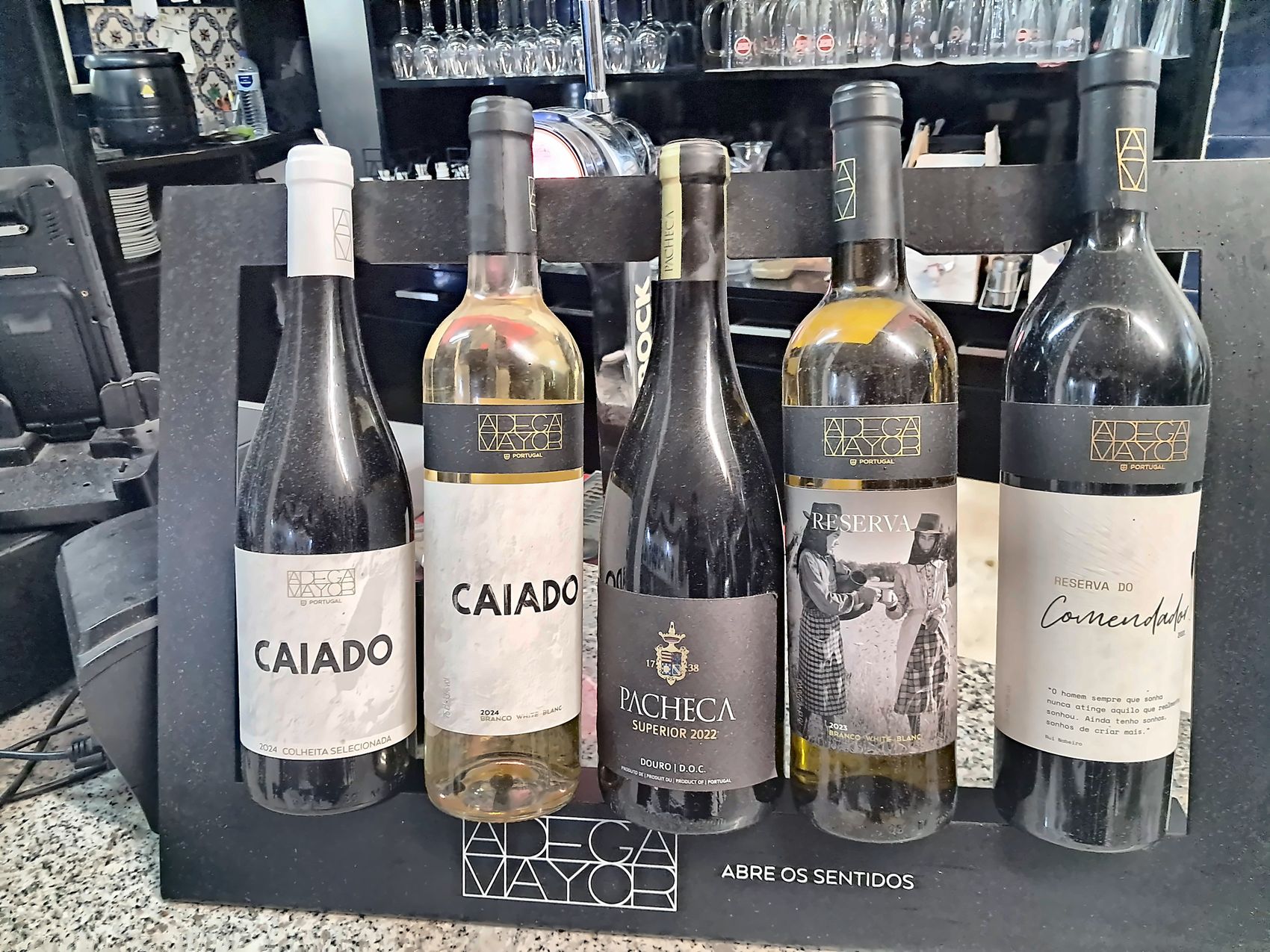 Seleção de vinhos tintos e brancos de várias regiões, em exposição no balcão